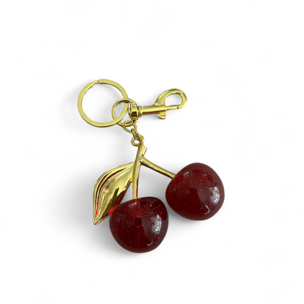 Sparkly Cherry Keychain with Gold Accents